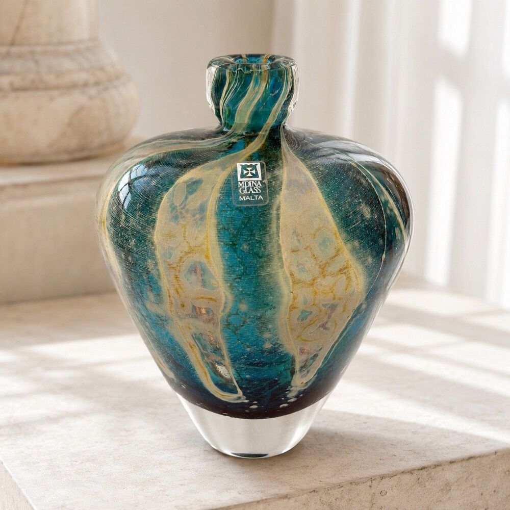 Mdina Glass Malta Signed Blue Crizzle Hand Blown Art Glass Bottle Vase 6”